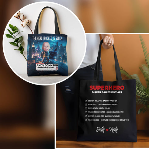 Personalized Superhero Baby Tote Bag – Baby Batman Design with Custom Photo & Quote